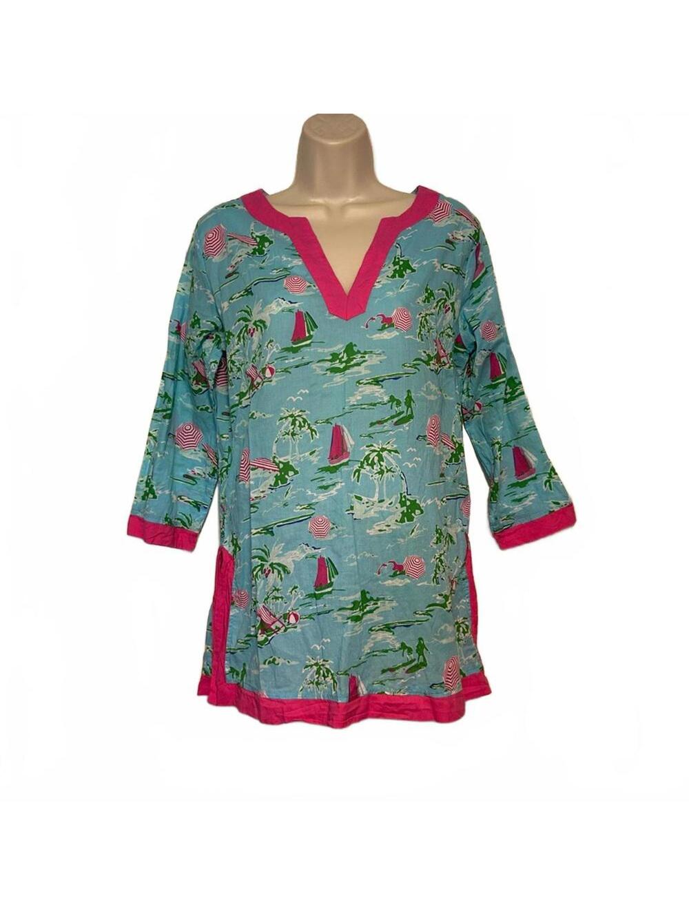 All For Color Tunic Top Swim CoverUp Lightweight Cotton Sailboat | Size Medium